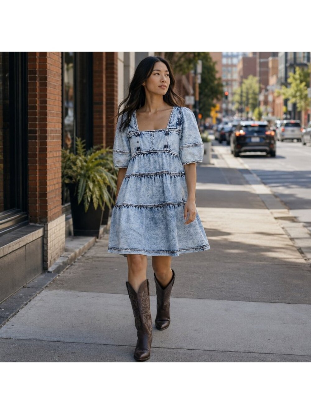 Ulla Johnson Devi Dress Denim Blue Women Casual Short Sleeve Tiered Jean 0